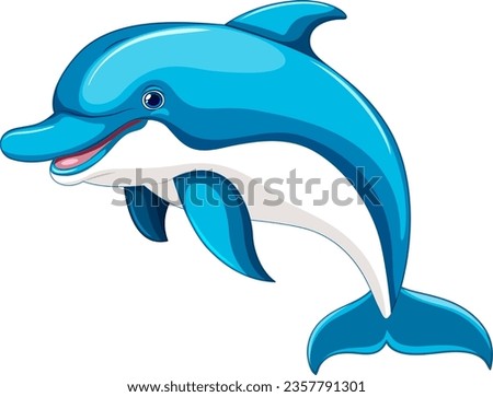 A cartoon illustration of a blue dolphin jumping and smiling, isolated on a white background.