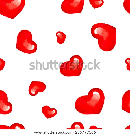 Seamless pattern with hand drawn red watercolor hearts on white background. Clipping mask is used, vector illustration.