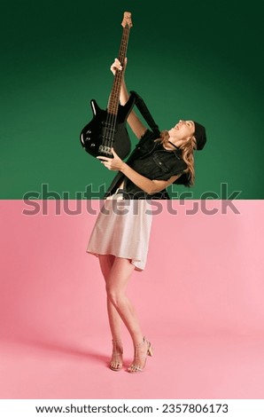 Collage made with halves of images of young girl standing on heels in skirt and playing electric guitar over pink green background. Concept of human emotions, fashion, youth, party, celebration, ad
