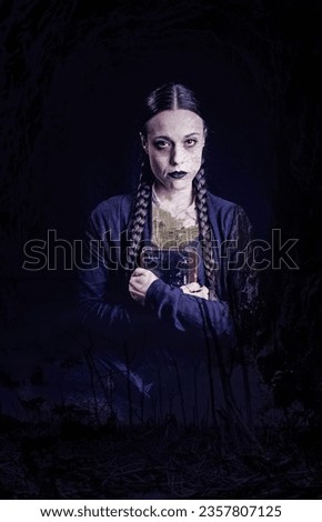 A woman with long braids, with a gothic and dark look, holds an old book in her hands, surrounded by a mysterious and ghostly atmosphere, perfect for Halloween