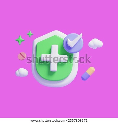  3d shield icon with medical pill and search bar icon or 3d medical equipment icon
