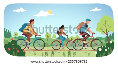 Friends people riding bicycles in spring nature. Active young men and woman cycling together outdoors. Cyclist person ride activity in green park, summer recreation, sport flat vector illustration