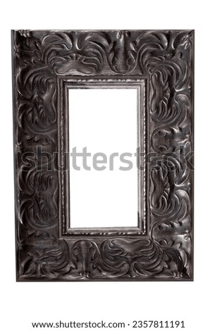 Empty frame for a picture or photo. Isolate with place for text. Silver black frame isolated on white background. Layout template.