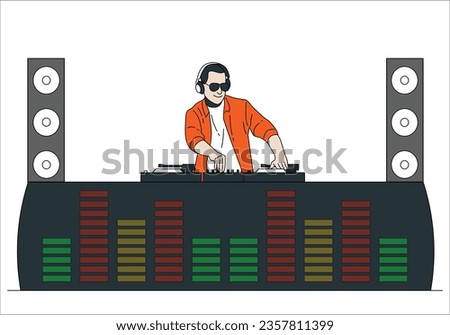 Disc jokey, DJ party. DJ. Young guy in dark glasses at the DJ console. Clipart invitations for website about music, parties, discos. Vector flat illustration. Professional dj music mixer. 2431