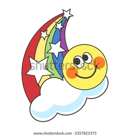 Rainbow sticker with cloud, stars and a smiley face. Flat style. Vector illustration.