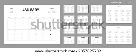 Set of Monthly pages Calendar Planner Templates 2024-2025. Vector layout of a wall or desk simple calendar with week start Monday. Calendar grid in black color for print. Pages for size A4-21x29.7cm