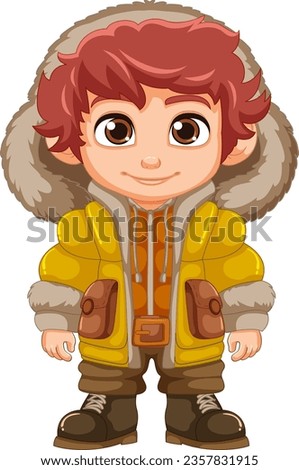 A charming cartoon character dressed for winter in a puffer jacket, beanie hat, and boots