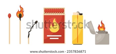 Set of matches and lighters. Pack of items for fire production. Package with wood whole matchstick with sulfur head. Cartoon flat vector collection isolated on white background
