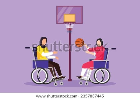 Graphic flat design drawing joyful disabled young Arabian woman in wheelchair playing basketball. Adaptive sports for disabled people. Social responsibility concept. Cartoon style vector illustration