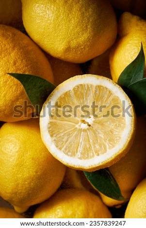 Top view picture of many lemons filling the shot. High contrast vibrant yellow color. Beautiful texture of the citrus. One lemon is sliced and has leaves around it.