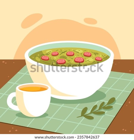 Caldo Verde food. Caldo Verde Illustration. Vector Illustration. Portuguese style soup called Caldo Verde. Portuguese soup with sausage in ceramic bowl. Portuguese cuisine.