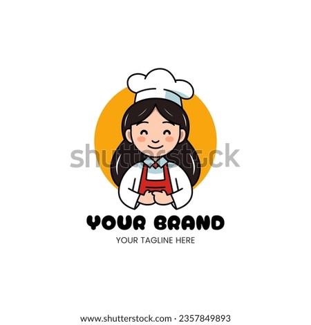 Cute Happy Chef Girl simple Vector Mascot Logo Design
