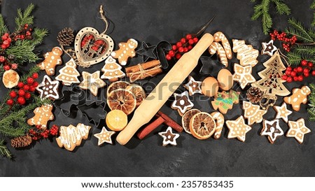 Christmas New Year food, traditional holiday gingerbread and tangerines with fir branches, pine cones and decorations, dish design idea, year 2024 background, baking concept,