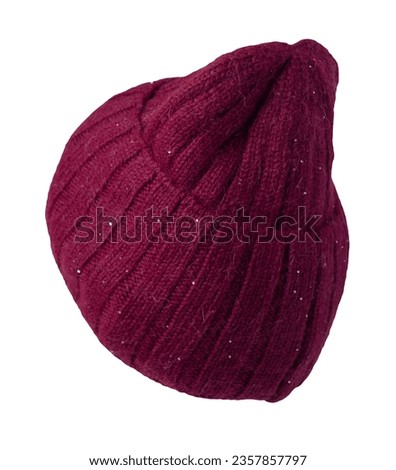 burgundy hat isolated on white background .knitted hat . Royalty-Free Stock Photo #2357857797