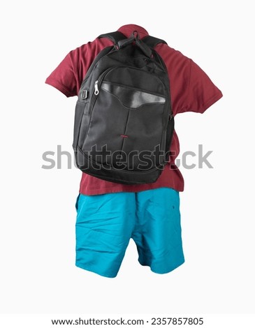 black backpack,blue  sports shorts,dark red shirt with a collar with buttons isolated on white foane. clothes for every day
