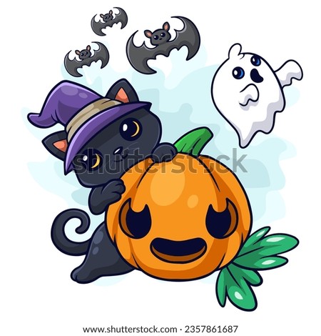 cute black cat cartoon celebrating halloween day with pumpkin fruit. ( Illustration )