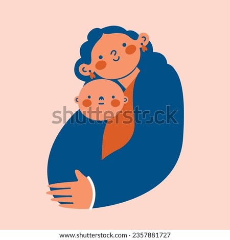 Mother hugs her child. Mom with nurseling on arms. Cute simple illustration in flat modern style. Motherhood, childhood, family relationship concept. Vector clip art for sticker, card, logo, banner.