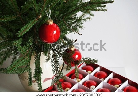 Fir branches in a vase with red Christmas balls on a white background