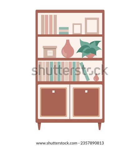 Flat illustration of a cozy bookcase with books,  plants and box. Vector .