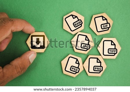 wooden hexagon with save file icon or download file format JPEG, PNG, GIF, TIFF, PSD And RAW file. files are saved into folders. Concept document management system or DMS. Highest Quality Image Format Royalty-Free Stock Photo #2357894037