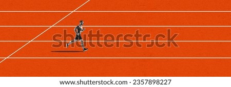 Athletic man, running training on stadium, running, growing speed and endurance. Contemporary art collage. Concept of professional sport, creativity, healthy and active lifestyle. Banner, flyer, ad