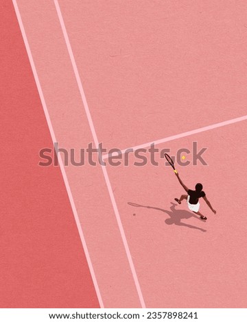Top view image of young girl, tennis player in motion with racket on pink court background. Contemporary art collage. Concept of professional sport, healthy and active lifestyle. Banner, flyer, ad