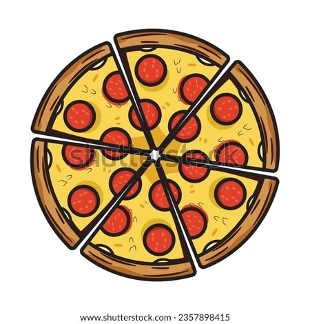 Fresh pizza with tomato, cheese, olive, sausage, onion, basil. Traditional italian fast food. Top view meal. European snack.Modern Pizza Icon . Hand Drawn Pizza Vector