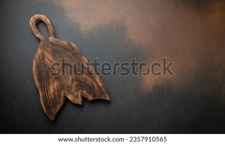 wooden cutting board on concrete background. rustic style, Food cooking background. top view,