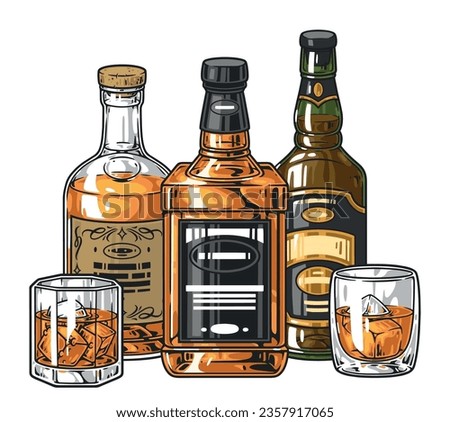 Whiskey drink detailed sticker colorful with bottles and glasses filled with elite beverage infused in oak barrels vector illustration Royalty-Free Stock Photo #2357917065