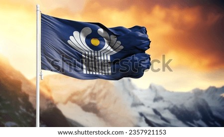 Flag of CIS on a flagpole against a colorful sky