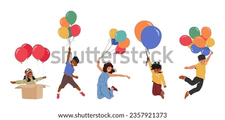 Joyful Kids Soaring On Vibrant Balloons In The Sky Embrace The Whimsical Adventure Of Floating Among The Clouds. Little Adventurous Girls and Boys Characters Flying. Cartoon People Vector Illustration