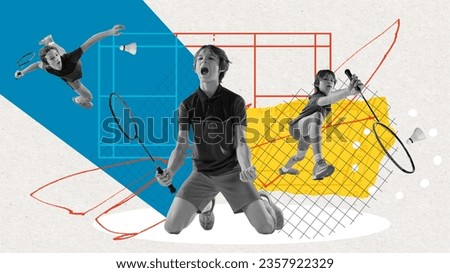 Boy, child playing badminton, training, Sport school and hobby. Active childhood. Contemporary art collage. Concept of professional sport, game, competition and active lifestyle. Banner, flyer, ad