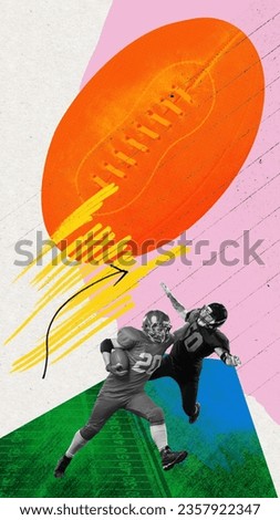 Competitive men, rugby player in motion during math, playing. motivation to win. Contemporary art collage. Concept of professional sport, game, competition, active lifestyle. Banner, flyer, ad