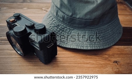 Hat With Retro Camera on Table, Hat With Camera, Copy Space...,