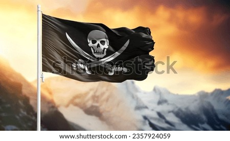 Flag of Jolly Roger Pirates black on a flagpole against a colorful sky