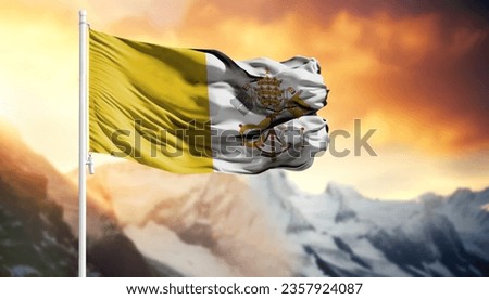 Flag of Vatican city Holy see on a flagpole against a colorful sky