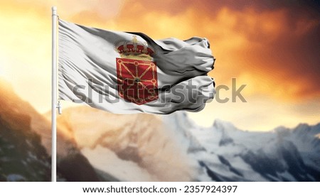Flag of Navarra coat of arms on a flagpole against a colorful sky