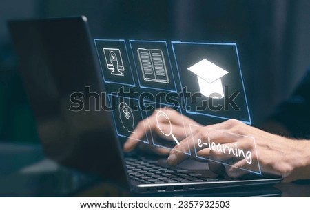 E-learning and Online Education concept. Male student learning lesson process holding hands on computer keyboard. Web internet technology online educational webinar.