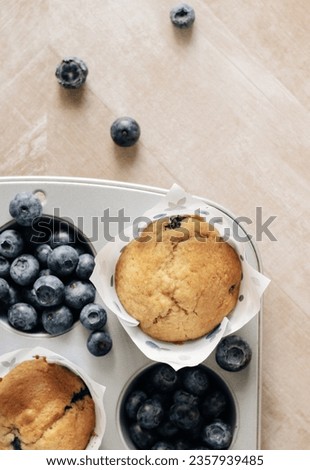Blueberry muffins in a grey muffin tray with fresh blueberries and a wooden chevron background. 