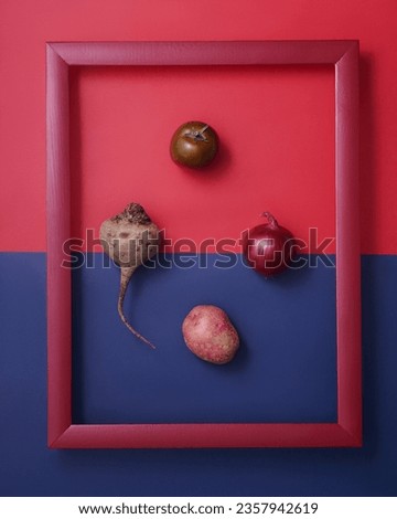 Onion, potato, tomato and beetroot in wooden picture frame on red and blue background