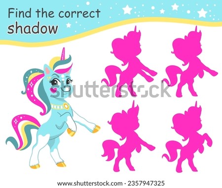 Find the correct shadow. Cute unicorn and pink shadows. Educational matching game for children with cartoon character. Activity, logic game, learning card with task for kids, vector illustration