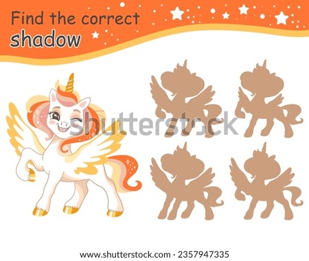 Find the correct shadow. Cute unicorn and brown shadows. Educational matching game for children with cartoon character. Activity, logic game, learning card with task for kids, vector illustration