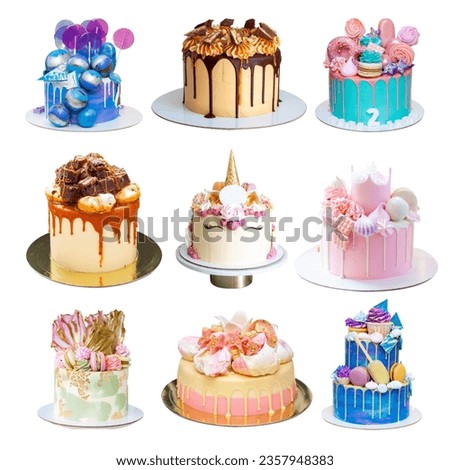 Set of different delicious cakes isolated on white, png. Cakes with unicorn, fondant crown, brownie, chocolate balls. Pink, green, blue cakes
