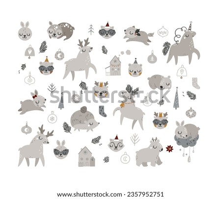 Christmas woodland animals illustrations, winter deer vector art. Cute hedgehog and rabbit clipart on white background.