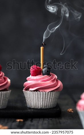 Chocolate cupcakes with pink frosting and berries. One main cupcake has a birthday candle that has been blown out and there is smoke coming off it. Dark grey background. Vertical side angle image.