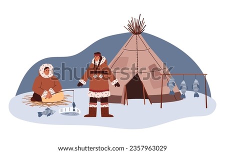 Arctic eskimo characters fishing near igloo hut, cartoon flat vector illustration isolated on white background. Eskimo native people family living traditional life. Royalty-Free Stock Photo #2357963029