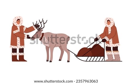 Eskimos driving a harness with reindeer, cartoon flat vector illustration isolated on white background. Eskimos peoples of the north and Arctic carton characters. Royalty-Free Stock Photo #2357963063