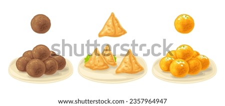 Indian traditional food. Samosa with sauces in bowl. Sweets ladoo in plate and single. Gulab jamun on chapati. Vector color vintage engraving illustration. Isolated on white Royalty-Free Stock Photo #2357964947