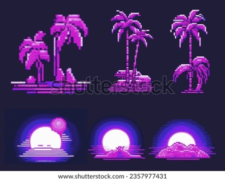 Pixel gaming clip art pack with palm trees and clouds. 8 bit vintage video game style elements set in synthwave retrofuturistic style.