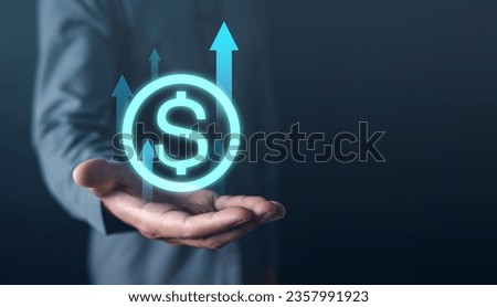investment, graph, cryptocurrency, coin, bitcoin, indicator, hand, investing, trader, risk. close up to palm of hands has dollar coin HUD show it. around HUD has arrow growth up put it there.